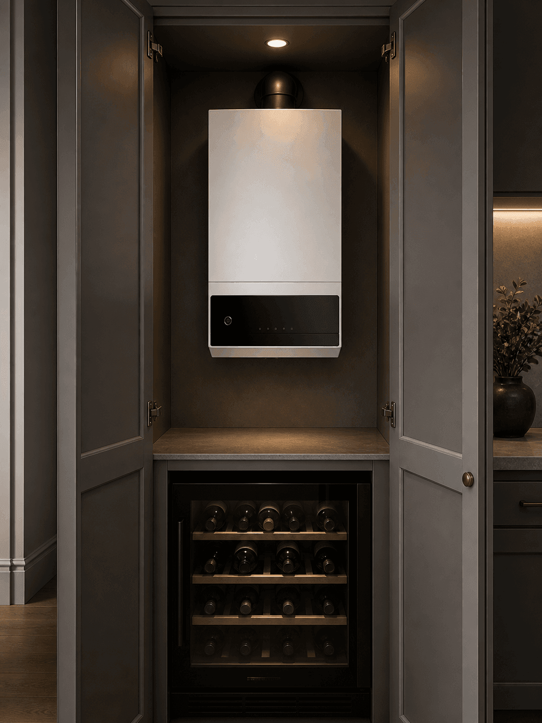 Premium boiler installed inside a fitted cupboard with an integrated wine cooler below